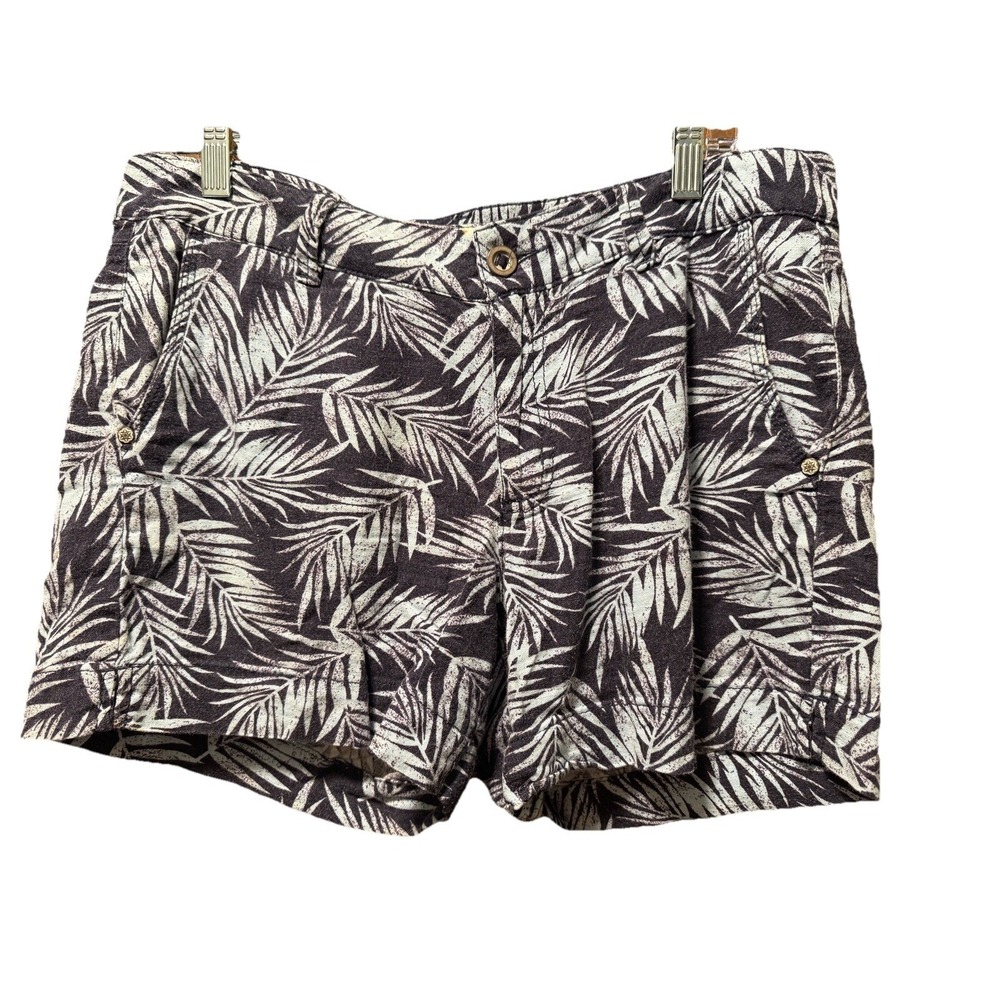 Sonoma Women Tropical Palm Leaf Print Linen Blend Shorts Black Cream Size 30